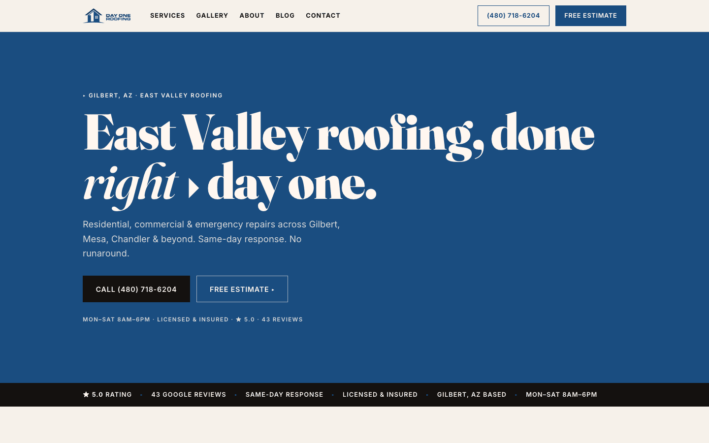 Day One Roofing website — homepage